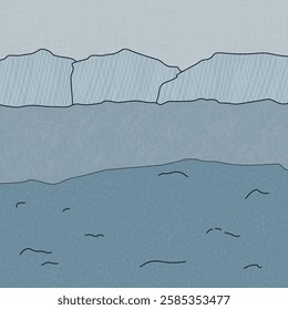 The ocean and icebergs. Vector cute cartoon hand drawn illustration in Antarctica. Polar outline texture childish illustration. Large icebergs float in a cold ocean, with frozen ground