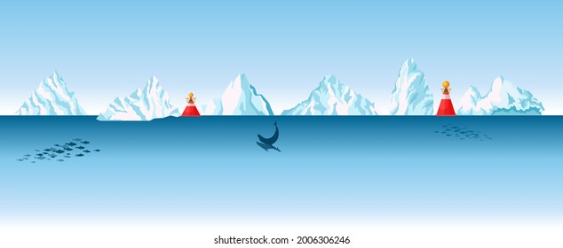 Ocean with Icebergs and Whales Cross Section View, Arctic or Antarctic Sea with Buoys Float on Water Surface, North Pole with Dangerous Lumps and Underwater Animals. Cartoon Flat Vector Illustration