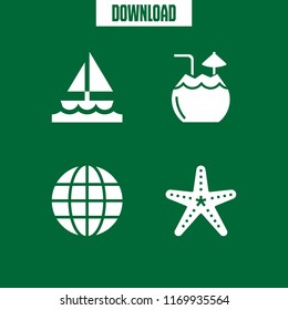 ocean icon. 4 ocean vector set. starfish, sailboat, coconut drink and earth globe symbol of grid icons for web and design about ocean theme