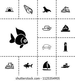Ocean icon. collection of 13 ocean filled and outline icons such as ship, boat, sailboat, cargo ship, shell, fish, seal, lighthouse. editable ocean icons for web and mobile.