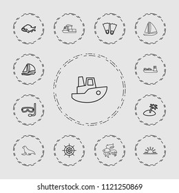 Ocean icon. collection of 13 ocean outline icons such as fish, flippers, island, aqualung, helm, sailboat, seal, boat, sun rise. editable ocean icons for web and mobile.