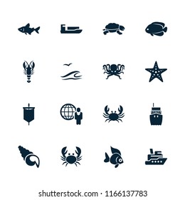 Ocean icon. collection of 16 ocean filled icons such as fish, crab, ship, sail, octopus, turtle, cargo ship, globe and man, starfish. editable ocean icons for web and mobile.