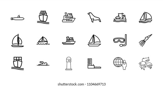 Ocean icon. collection of 18 ocean outline icons such as seal, sailboat, ship, cargo ship, boat, harbor, swimmer, aqualung. editable ocean icons for web and mobile.