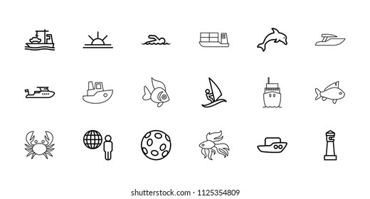 Ocean icon. collection of 18 ocean outline icons such as lighthouse, boat, sun rise, cargo ship, globe and man, swimmer, surfing. editable ocean icons for web and mobile.