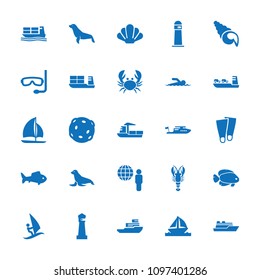 Ocean icon. collection of 25 ocean filled icons such as seal, lighthouse, boat, cargo ship, fish, sailboat, swimmer, aqualung, shell. editable ocean icons for web and mobile.