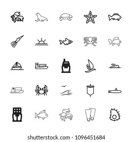 Ocean icon. collection of 25 ocean outline icons such as fish, crab, ship, sun rise, boat, starfish, swimmer, sea and gull, surfing. editable ocean icons for web and mobile.