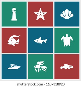 Ocean icon. collection of 9 ocean filled icons such as fish, lighthouse, turtle  illsutration, starfish, shell, extinct fish. editable ocean icons for web and mobile.