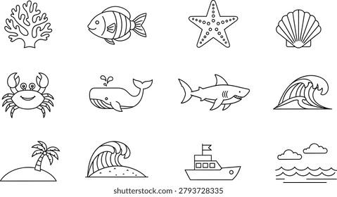 Ocean icon hand drawn collection with fish crab whale shark sea waves