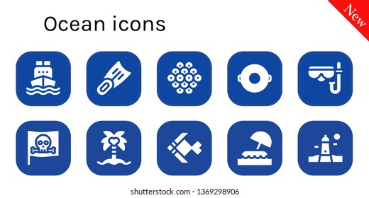 ocean icon set. 10 filled ocean icons.  Collection Of - Cargo ship, Fins, Caviar, Float, Diving mask, Pirate, Coconut tree, Fish, Island, Lighthouse