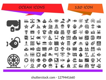  ocean icon set. 120 filled ocean icons. Simple modern icons about  - Dive, Ferris wheel, Anglerfish, Pier, Lighthouse, Wave, Sailboat, Wind, Diving mask, Island, Squid, Fish