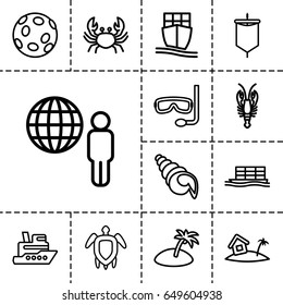 Ocean icon. set of 13 outline ocean icons such as crab, cargo ship, home on island, turtle  illsutration, island, aqualung, shell, extinct sea creature, sail, ship