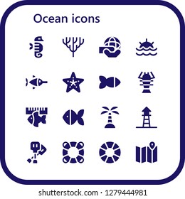  ocean icon set. 16 filled ocean icons. Simple modern icons about  - Seahorse, Coral, World, Sunset, Swordfish, Starfish, Fish, Lobster, Island, Lifeguard, Paddles, Lifesaver