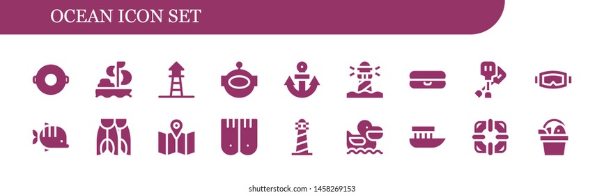 ocean icon set. 18 filled ocean icons.  Collection Of - Float, Sailing, Lifeguard, Aqualung, Anchor, Lighthouse, Paddles, Diving mask, Fish, Flippers, Map, Pelican, Boat, Lifesaver