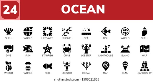 ocean icon set. 24 filled ocean icons.  Collection Of - Shell, World, Lifesaver, Shrimp, Sea, Fish, Dive, Starfish, Crab, Lobster, Lighthouse, Island, Map, Coral, Clam, Cargo ship icons