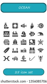 ocean icon set. 25 filled ocean icons.  Simple modern icons about  - Rum, Lifesaver, Fish, Shell, Porthole, Flood, Jet ski, Sailboat, Wave, World, Cargo ship, Map, Turtle, Surfboard