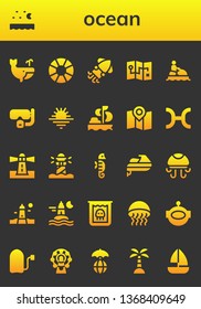 ocean icon set. 26 filled ocean icons.  Simple modern icons about  - Whale, Sea, Lifesaver, Squid, Map, Jet ski, Dive, Sunset, Sailing, Pisces, Lighthouse, Seahorse, Jellyfish