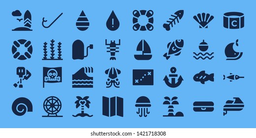 ocean icon set. 32 filled ocean icons. on blue background style Simple modern icons about  - Surfboard, Lifesaver, Paddles, Shell, Snorkel, Seaweed, Pirate, Ferris wheel, Drop