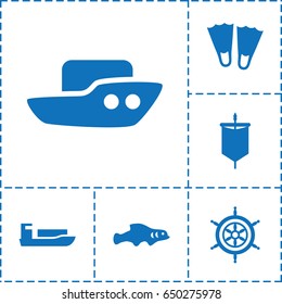 Ocean icon. set of 6 ocean filled icons such as boat, helm, extinct fish, sail, flippers