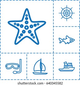 Ocean icon. set of 6 ocean outline icons such as fish, starfish, aqualung, helm, boat