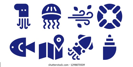  ocean icon set. 8 filled ocean icons. Simple modern icons about  - Fish, Octopus, Map, Jellyfish, Squid, Wind, Shell, Lifesaver