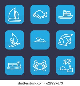 Ocean icon. set of 9 outline ocean icons such as fish, crab, cargo ship, swimmer, island, surfing, boat