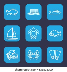 Ocean icon. set of 9 outline ocean icons such as fish, crab, boat, cargo ship, turtle  illsutration, sailboat
