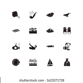 Ocean icon set and captain with sailboat, conch and crampfish. Porthole related ocean icon vector for web UI logo design.