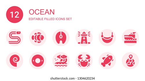 ocean icon set. Collection of 12 filled ocean icons included Eel, Clown fish, Salmon, Lighthouse, Hammock, Seashell, Float, Wave, Crab, Shark, Yatch, Earth globe