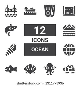 ocean icon set. Collection of 12 filled ocean icons included Turtle, Kraken, Scallop, Fish, World, Seashell, Flood, Boating, Treasure map, Shark, Golden gate, Flippers