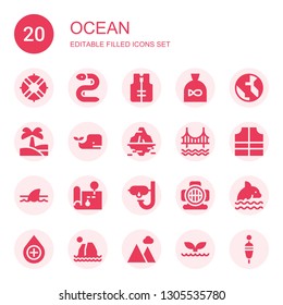 ocean icon set. Collection of 20 filled ocean icons included Lifeguard, Eel, Lifejacket, Fish, World, Oasis, Whale, Iceberg, Golden gate, Shark, Map, Dive, Aqualung, Dolphin, Drop