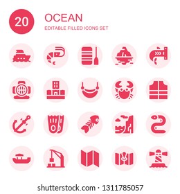ocean icon set. Collection of 20 filled ocean icons included Yacht, Shrimp, Boat, Iceberg, Shark, Aqualung, Flood, Hammock, Crab, Lifejacket, Anchor, Flippers, Fish bone, Cliff