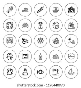 Ocean icon set. collection of 25 outline ocean icons with anchor, angler, boat, clam, crab, fish, galleon, lifeguard, map, lighthouse, jellyfish, rudder icons. editable icons.