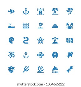 ocean icon set. Collection of 25 filled ocean icons included Fish bone, Dolphin, Coral, Trident, Pirate, Fish, Salmon, Clown fish, Anchor, Turtle, Map, Lighthouse, Eel, Seashell