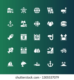 ocean icon set. Collection of 25 filled ocean icons included Island, Anchor, Submarine, Dolphin, Sail boat, Turtle, Cliff, Drops, Tsunami, Fish, Crab, Dive, Map, Salmon, Clown fish