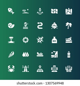 ocean icon set. Collection of 25 filled ocean icons included World, Aqualung, Earth globe, Lighthouse, Crab, Cliff, Boating, Drops, Seashell, Yatch, Fish, Tortoise, Lifeguard
