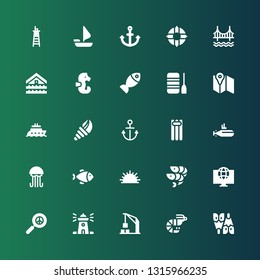 ocean icon set. Collection of 25 filled ocean icons included Flipper, Prawn, Harbor crane, Lighthouse, Pacifism, World, Shrimps, Sea urchin, Fish, Jellyfish, Submarine, Floating