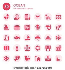 ocean icon set. Collection of 30 filled ocean icons included Seagull, World, Boat, Whale, Cruise, Sailboat, Flood, Map, Kraken, Dive, Harbor crane, Fish, Windsurf, Manta ray, Lighthouse
