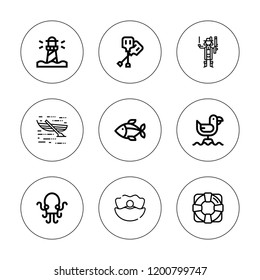 Ocean icon set. collection of 9 outline ocean icons with boat, clam, fish, lifesaver, lighthouse, kraken, paddles, pirates icons. editable icons.