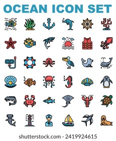 Ozeansymbol-Set mit eingefülltem Rahmenstil