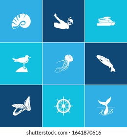 Ocean icon set and jellyfish with seagull, ferry and snorkeling. Perch related ocean icon vector for web UI logo design.