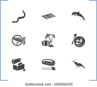 Ocean icon set and sea food soup with shrimp, summer vacation and grilled fish. Bottle nose dolphin related ocean icon vector for web UI logo design.