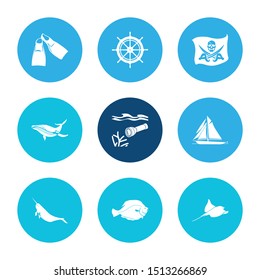 Ocean icon set and ship rudder with yacht, flippers and flatfish. Light related ocean icon vector for web UI logo design