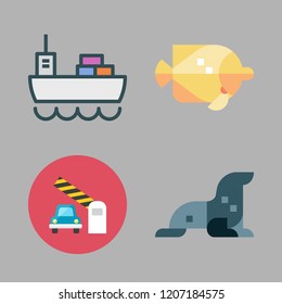 ocean icon set. vector set about cargo ship, sea lion, beach and barrier icons set.