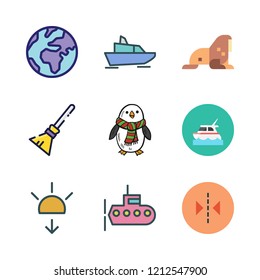 ocean icon set. vector set about sunset, yatch, submarine and broom icons set.