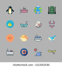ocean icon set. vector set about puffer fish, waves, penguin and watercolor icons set.