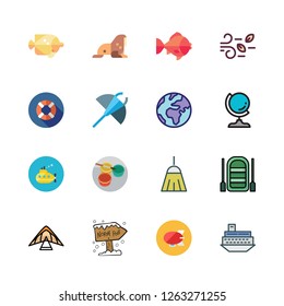 ocean icon set. vector set about goldfish, walrus, wind and manta ray icons set.