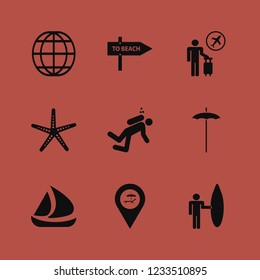 ocean icon. ocean vector icons set globe, tourist flying, beach umbrella and beach location