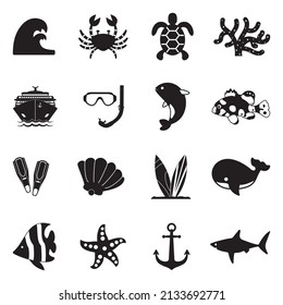 Ocean Icons. Black Flat Design. Vector Illustration.