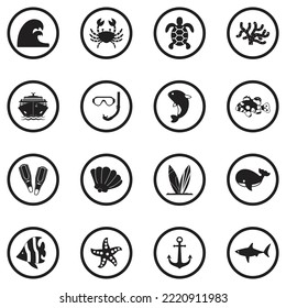 Ocean Icons. Black Flat Design In Circle. Vector Illustration.