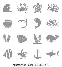 Ocean Icons. Gray Flat Design. Vector Illustration.